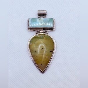 Vintage 950 Silver Pendant Ecuador Larimar Green Agate Teardrop Hinged 2.5”